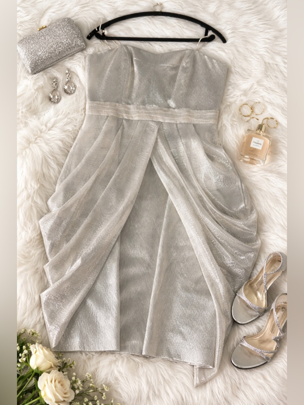 Badgley Mischka Strapless Silver Shimmer Cocktail Dress